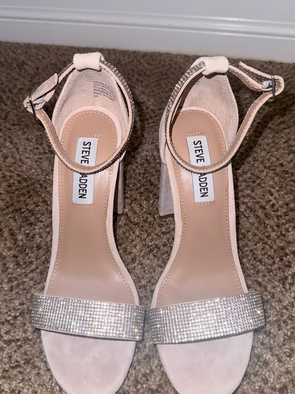 Steve Madden Blush Suede Ankle-Strap Heels with Rhinestone Toe Strap